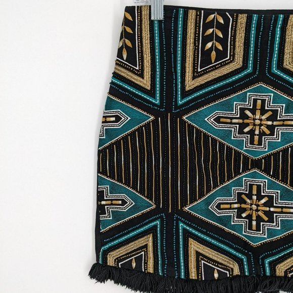 H&M Skirt Southwestern Cotton Twill 6 Fun Colorful Beaded Fringe Hem Aztec Boho - Picture 3 of 13